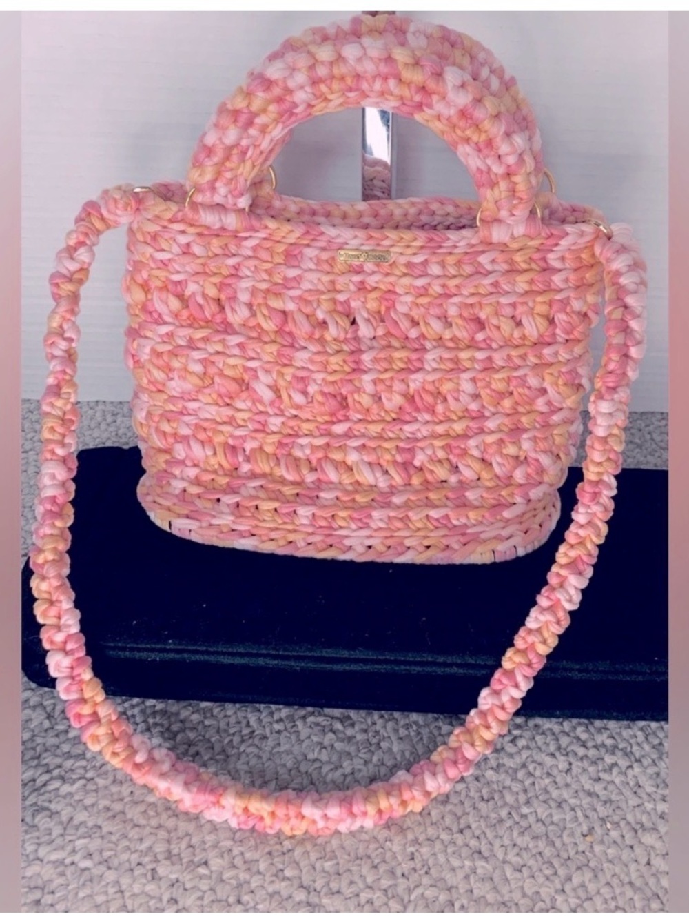 Handcrafted Pink Multi-Tone Crochet Shoulder Bag with Top Handles